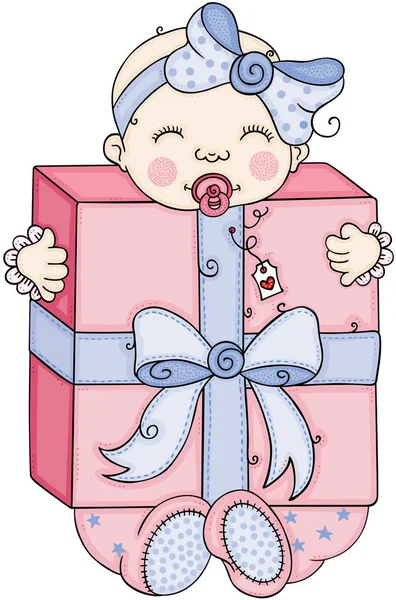 Mignon Bébé Fille Tenant Une Grande Boîte Cadeau — Image vectorielle