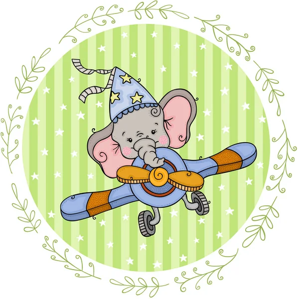 飛行機を飛ばす小さな象と丸いヴィンテージラベル — ストックベクタ