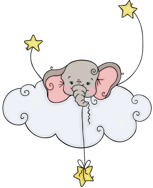 Little Elephant Kikar Molnet Med Stjärnor — Stock vektor