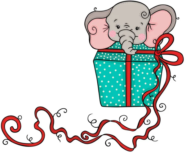 Petit Éléphant Regardant Cadeau Bleu Avec Ruban Rouge — Image vectorielle