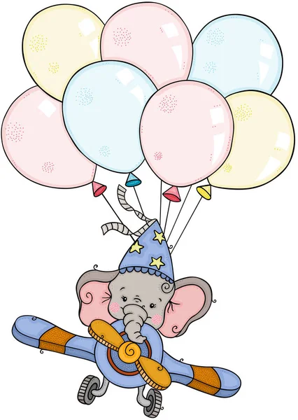 Petit Éléphant Volant Avion Avec Des Ballons — Image vectorielle