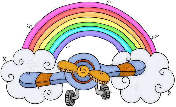 Vliegtuig Met Regenboog Wolken — Stockvector