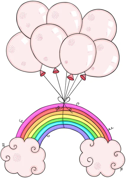 Bebek Pembe Balonları Ile Uçan Bulutlar Gökkuşağı — Stok Vektör