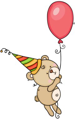 Bir balon tutan parti şapkası ile Teddy ayı