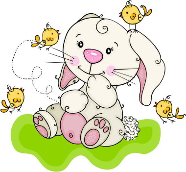 Sarı kuşlar ile oynarken sevimli tavşan