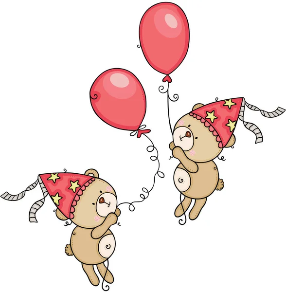 Ursos Pelúcia Aniversário Voando Com Balões — Vetor de Stock