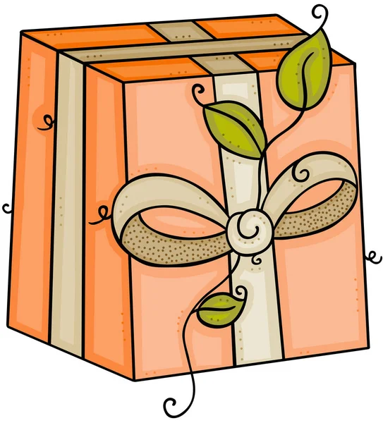 Caixa Presente Com Laço Fita Folhas — Vetor de Stock