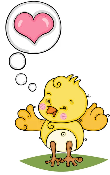 可爱的黄色鸟和思想泡沫与心脏 — 图库矢量图片