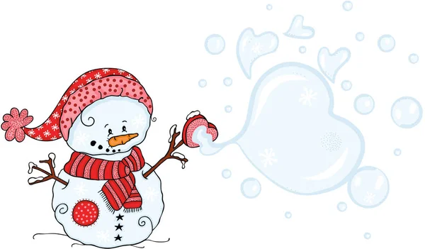 Cute Snowman Blowing Soap Bubbles — Stock Vector
