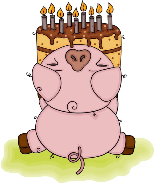 Cochon Mignon Tenant Gâteau Anniversaire — Image vectorielle