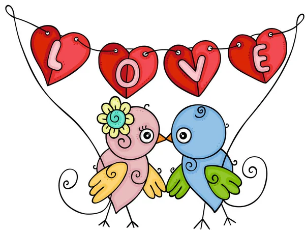 愛のバナーを持つカップルの鳥は ハートの形をした花輪を飾ります — ストックベクタ