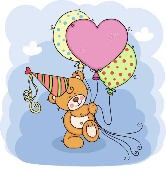 Geburtstag Teddybär Illustration Hält Luftballons — Stockvektor