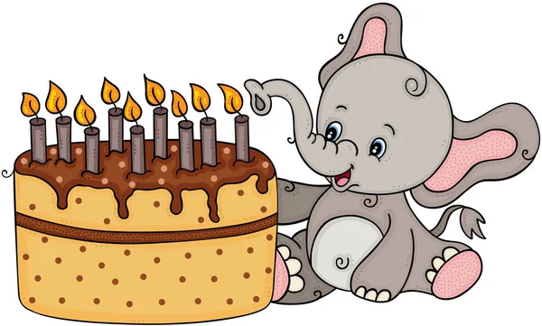 Lindo Elefante Soplando Las Velas Pastel Cumpleaños — Archivo Imágenes Vectoriales