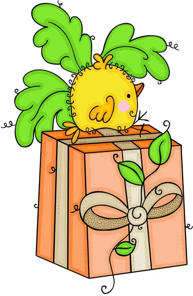 Lindo Pájaro Amarillo Con Hojas Verdes Caja Regalo — Vector de stock