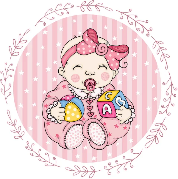 Różowy Okrągły Etykieta Cute Baby Girl Gry — Wektor stockowy