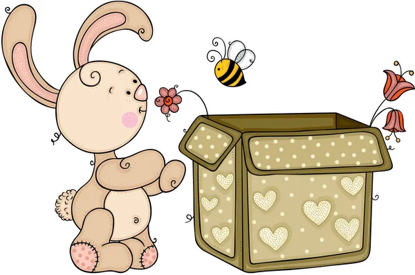 Lapin Mignon Avec Petite Abeille Sortant Boîte Cadeau Ouverte — Image vectorielle