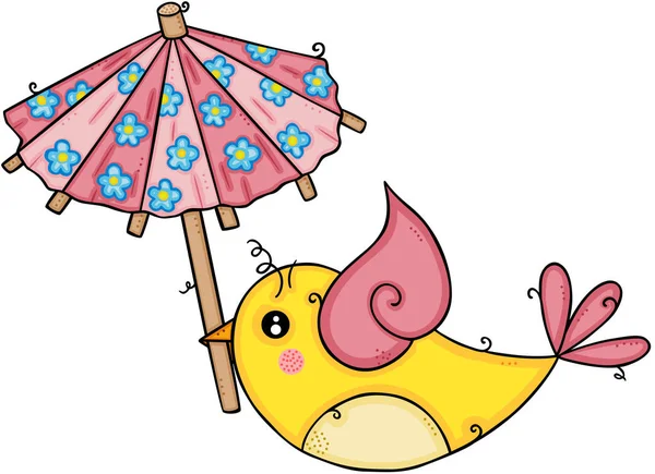 Cute Yellow Bird Flying Holding Small Umbrella — ストックベクタ