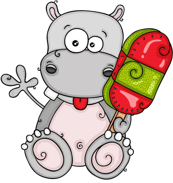 Funny Hippo Eating Ice Cream Stick — Stock Vector