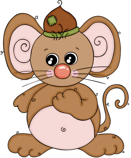 Cute Brown Mouse Acorn Hat — Stockvector