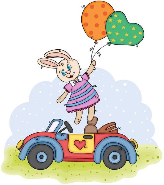 Children Illustration Cute Bunny Flying Holding Balloons Small Car — ストックベクタ