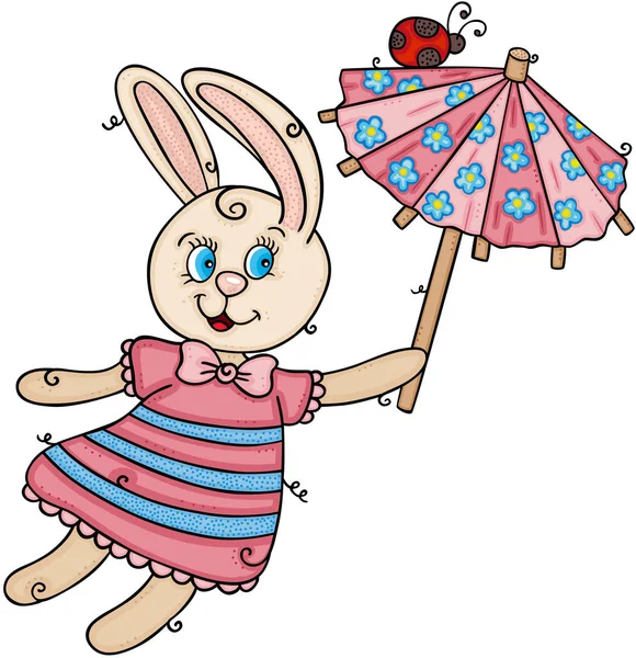 Cute Bunny Latanie Gospodarstwa Zabawny Mały Parasol Biedronką — Wektor stockowy