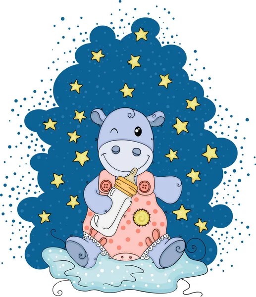 Notte Stelle Illustrazione Con Ippopotamo Bambino Possesso Biberon Latte — Vettoriale Stock