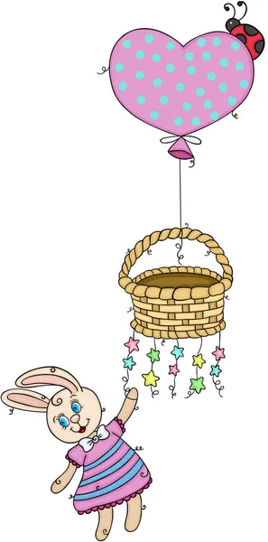 Cute Bunny Flying Holding Basket Balloon Stars — Stockvector