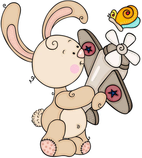 かわいいウサギは小さな飛行機と蝶と遊ぶ — ストックベクタ