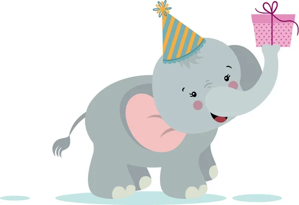 Aniversário Elefante Segurando Pequeno Presente —  Vetores de Stock