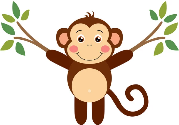 可爱的猴子 拿着树叶的树枝 — 图库矢量图片