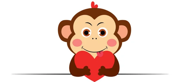Miłość Małpa Podgląda Trzymając Czerwone Serce — Wektor stockowy