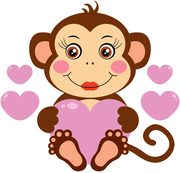 Menina Macaco Amoroso Com Corações Cor Rosa — Vetor de Stock
