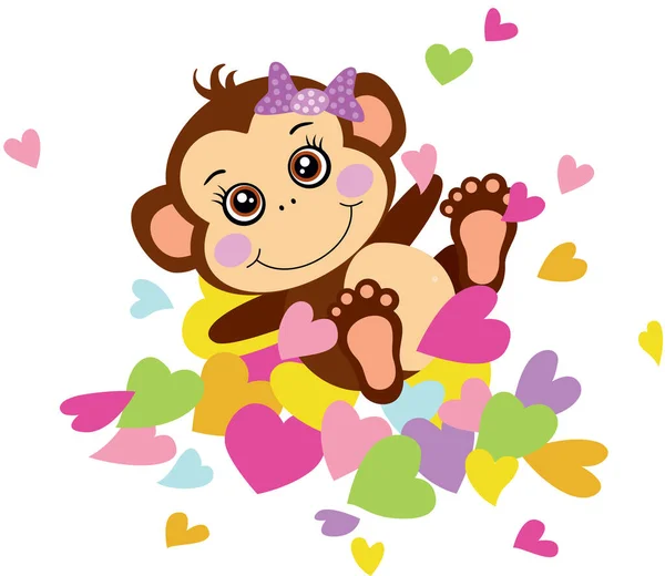 Cute Małpa Dziewczyna Leżące Szczycie Serca — Wektor stockowy