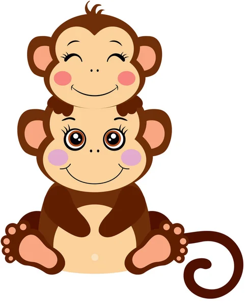 猴子妈妈 她的宝宝在头上 — 图库矢量图片