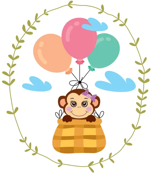 Ilustrace Opicí Létající Košíku Balónky Uvnitř Oválného Listí — Stockový vektor