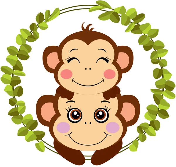Mamá Mono Con Bebé Cabeza Asomándose Fuera Marco Hojas Verdes — Vector de stock