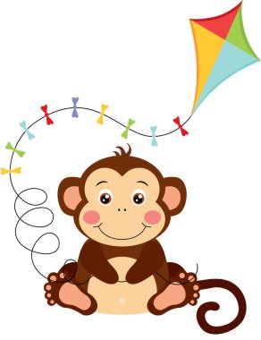 Sevimli maymun renkli bir uçurtma tutuyor.