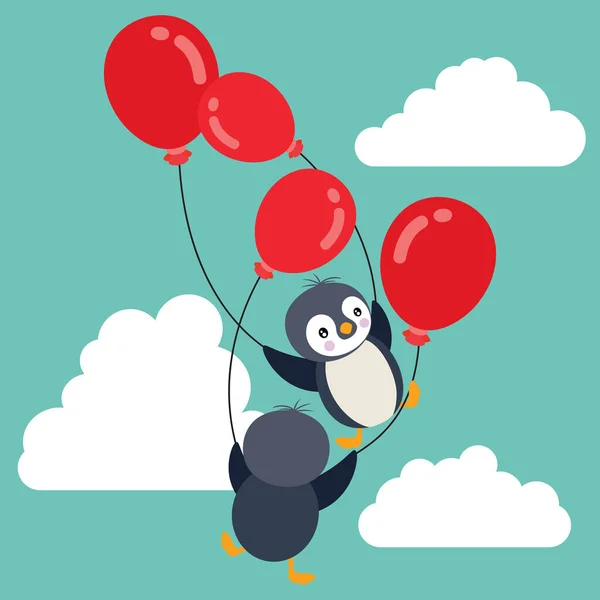 Ilustração Céu Azul Com Pinguins Voando Segurando Balões Vermelhos — Vetor de Stock