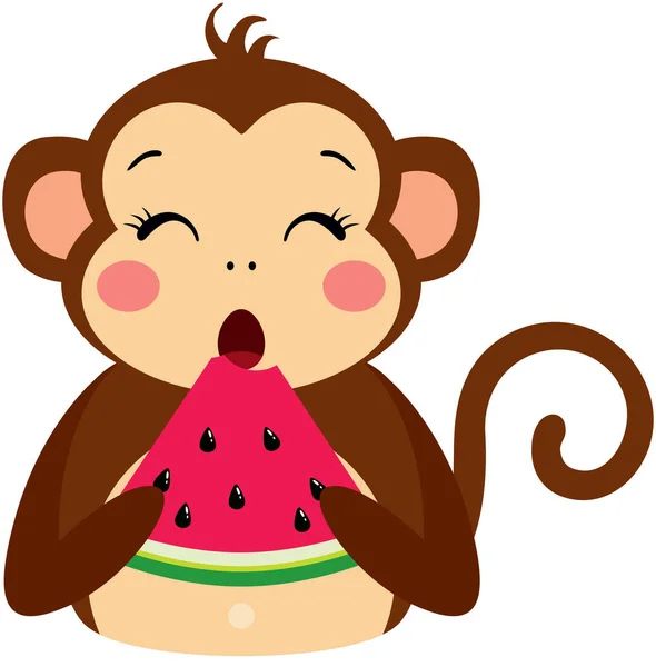 Affe Isst Eine Scheibe Wassermelone — Stockvektor