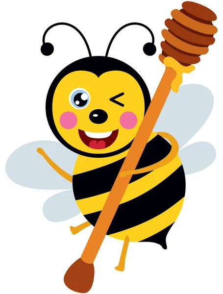 Abeja Feliz Llevando Una Cuchara Miel Madera — Vector de stock