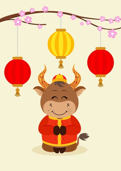 Поздравительная Открытка Маленький Бык Китайский Новый Год — стоковый вектор