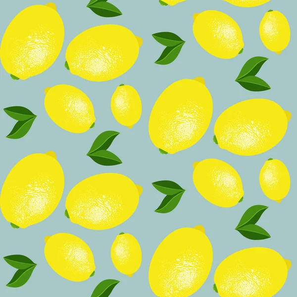 Sfondo Blu Senza Cuciture Limoni Gialli Foglie Verdi — Vettoriale Stock