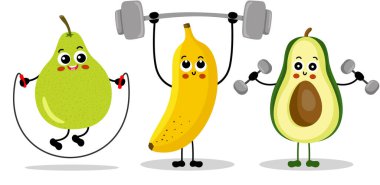 Komik meyve maskotu seti spor salonu yapar.