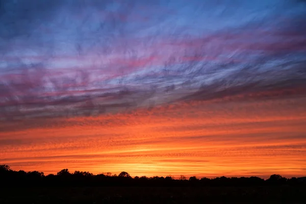 Zachód Słońca Maluje Zachmurzone Niebo Żywymi Kolorami Nad Drzewami Horyzoncie — Zdjęcie stockowe