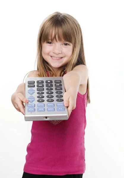 Emocionado Niño Sonriente Feliz Sosteniendo Control Remoto Foto Del Estudio — Foto de Stock