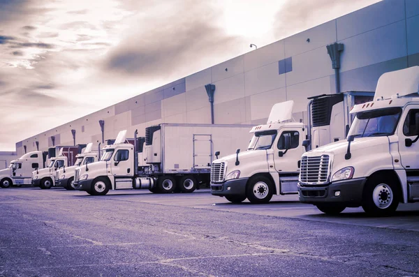 Carga Caminhões Descarregamento Armazém Transporte Logístico Conceito Imagem — Fotografia de Stock