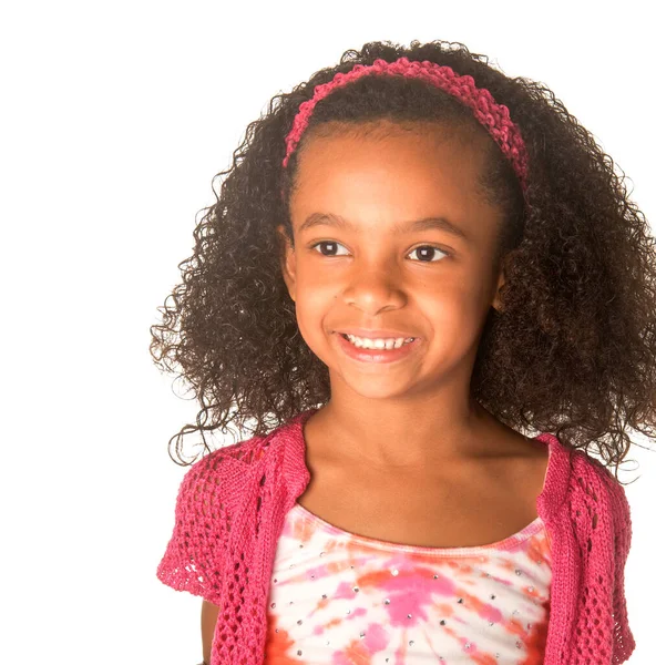 Sonriente Niña Feliz Con Hermoso Pelo Rizado Muy Rizado — Foto de Stock