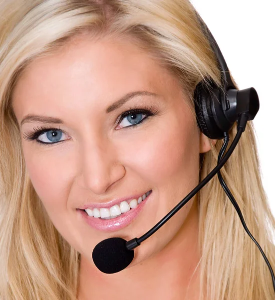 Attraktiv Kvinna Som Arbetar Hemifrån Med Hjälp Telefon Headset — Stockfoto