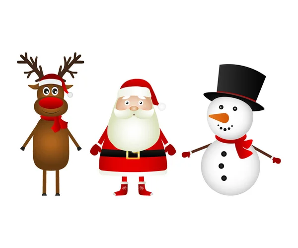 Санта-Клаус с оленем и снеговиком, стоящим на белой спине — стоковый вектор