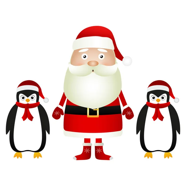 Moș Crăciun cu pinguini în șepci și eșarfe — Vector de stoc
